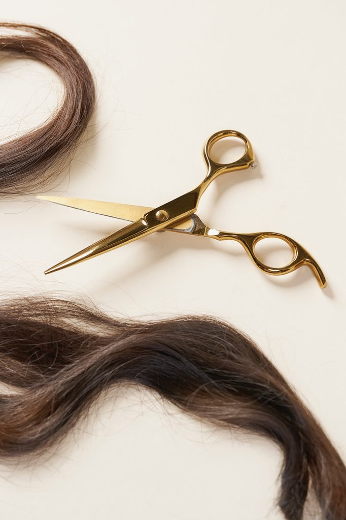 Photo by Leia Guo
A pair or gold hair cutting scissors and a wavy section of brown hair on a off white background